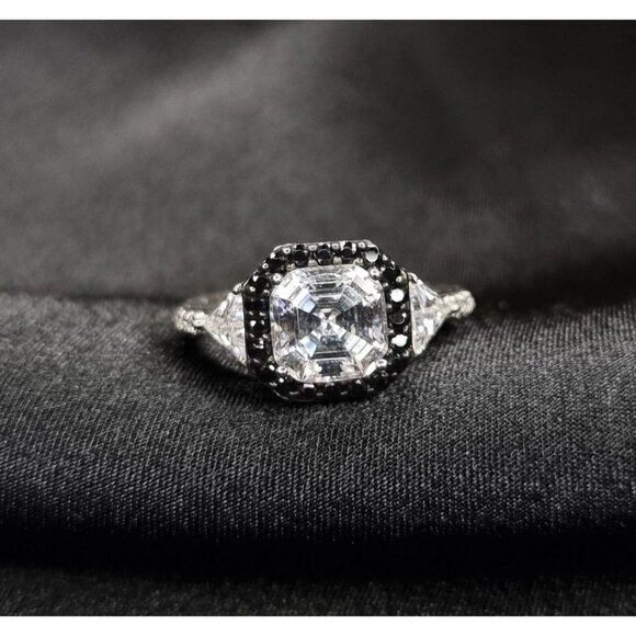 Asscher Cut CZ Ring With Black & White Accents 925 Sterling Silver Size 5.5 - Picture 2 of 4